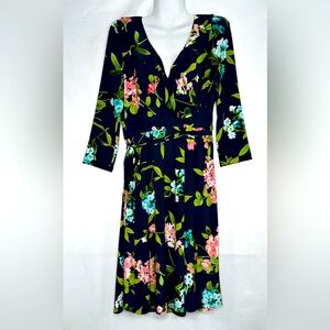 Tommy Hilfiger Faux Wrap Dress Navy Floral Ruffle Neckline OfficeTo Dinner Sz 12